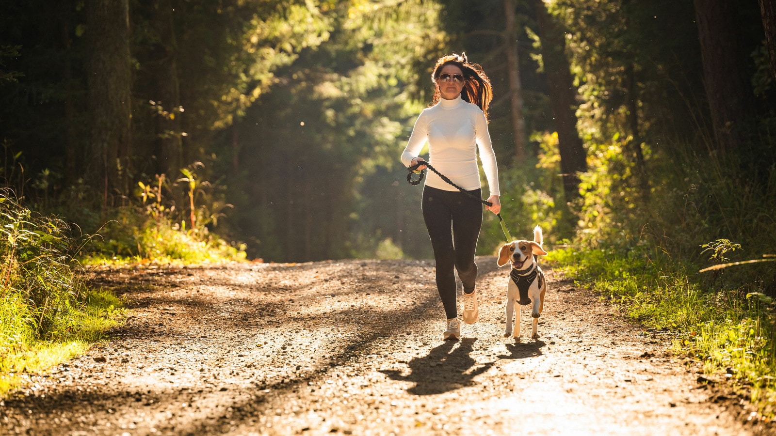 Eine Frau geht mit ihrem Hund im Wald joggen.