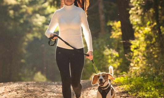 Eine Frau geht mit ihrem Hund im Wald joggen.