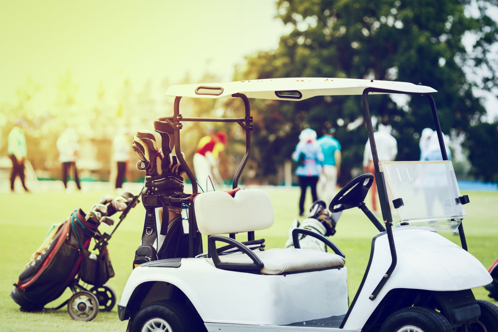 Ein Golfcart auf dem Golfkurs.